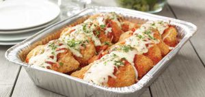 Chicken parmesan in an aluminum tray